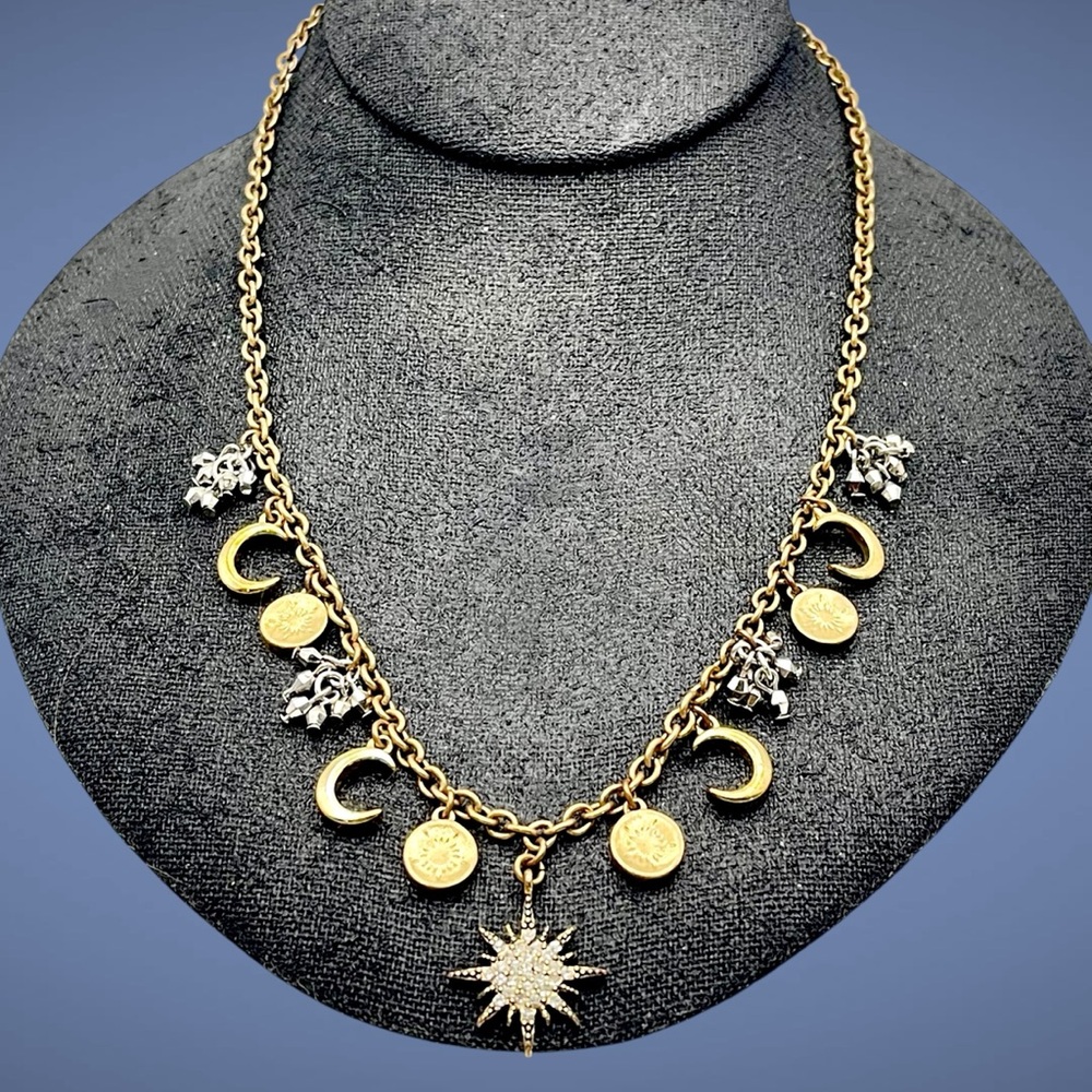 Loft Celestial Sun and Crescent Moon Charm Necklace Gold Tone With Crystals